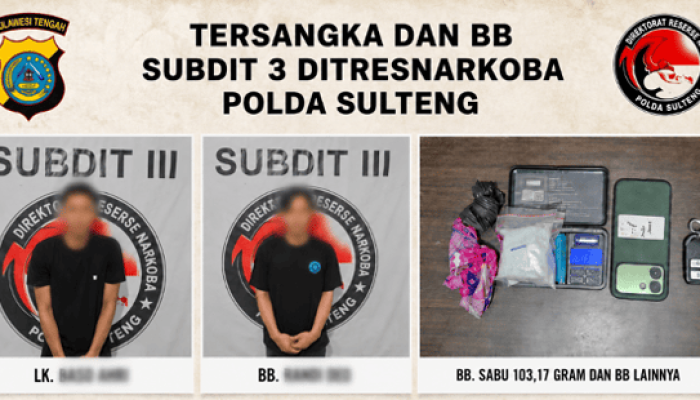 Hendak Diedar di Parimo, Polda Sulteng Bekuk Dua Pemuda Bawa 103 Gram Sabu