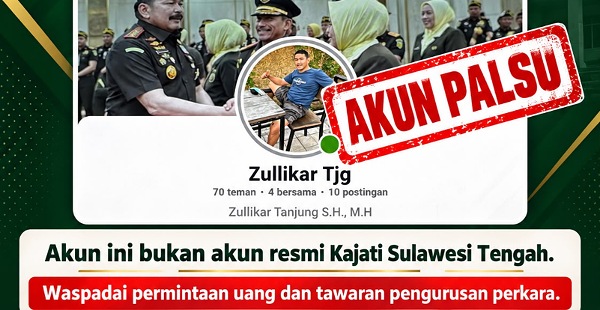Waspada! Akun Palsu Catut Nama Kajati Sulteng Beredar di Facebook